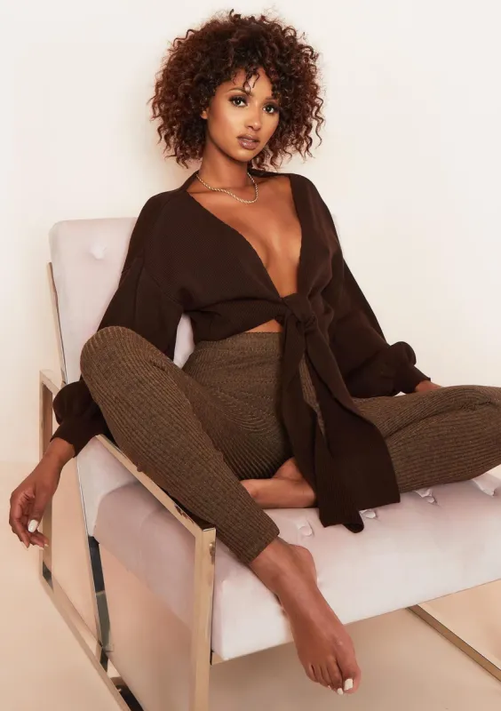 Shelly Chocolate Knitted Balloon Sleeve Tie Front Cardigan made by Missy Empire