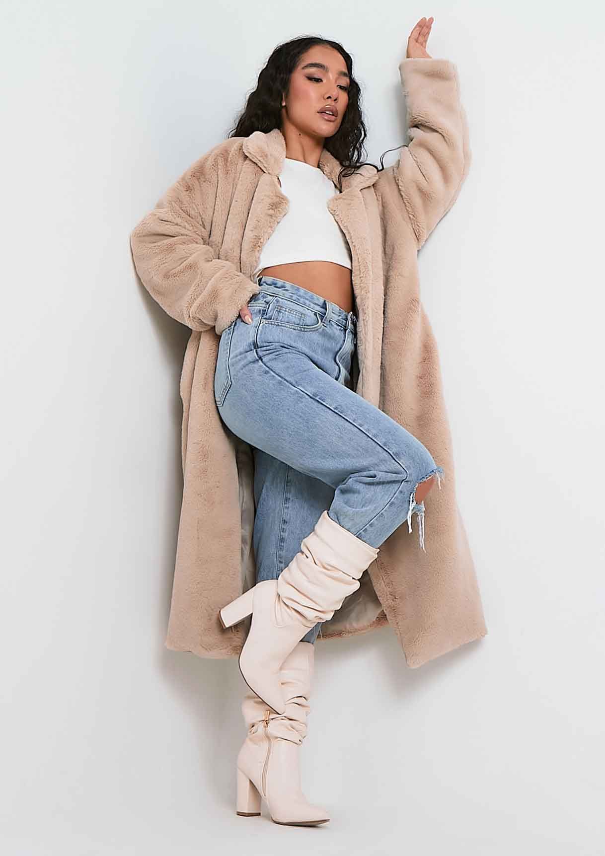 Nia Beige Oversized Faux Fur Maxi Coat sold by Missy Empire