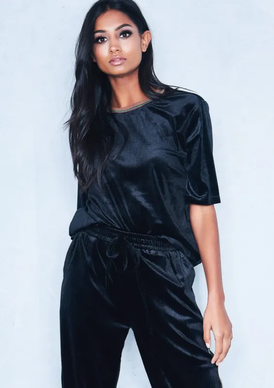 Danni Black Velvet Contrast Neckline T-Shirt made by Missy Empire