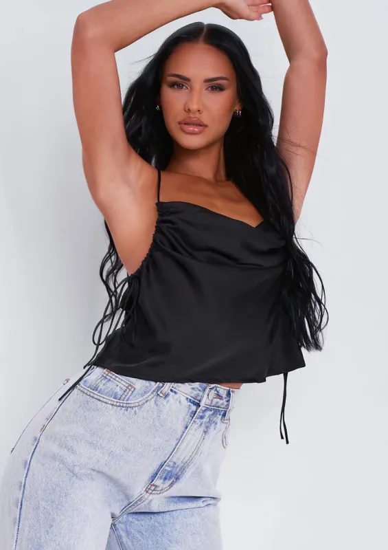 Vida Black Ruched Side Satin Cami Top sold by Missy Empire