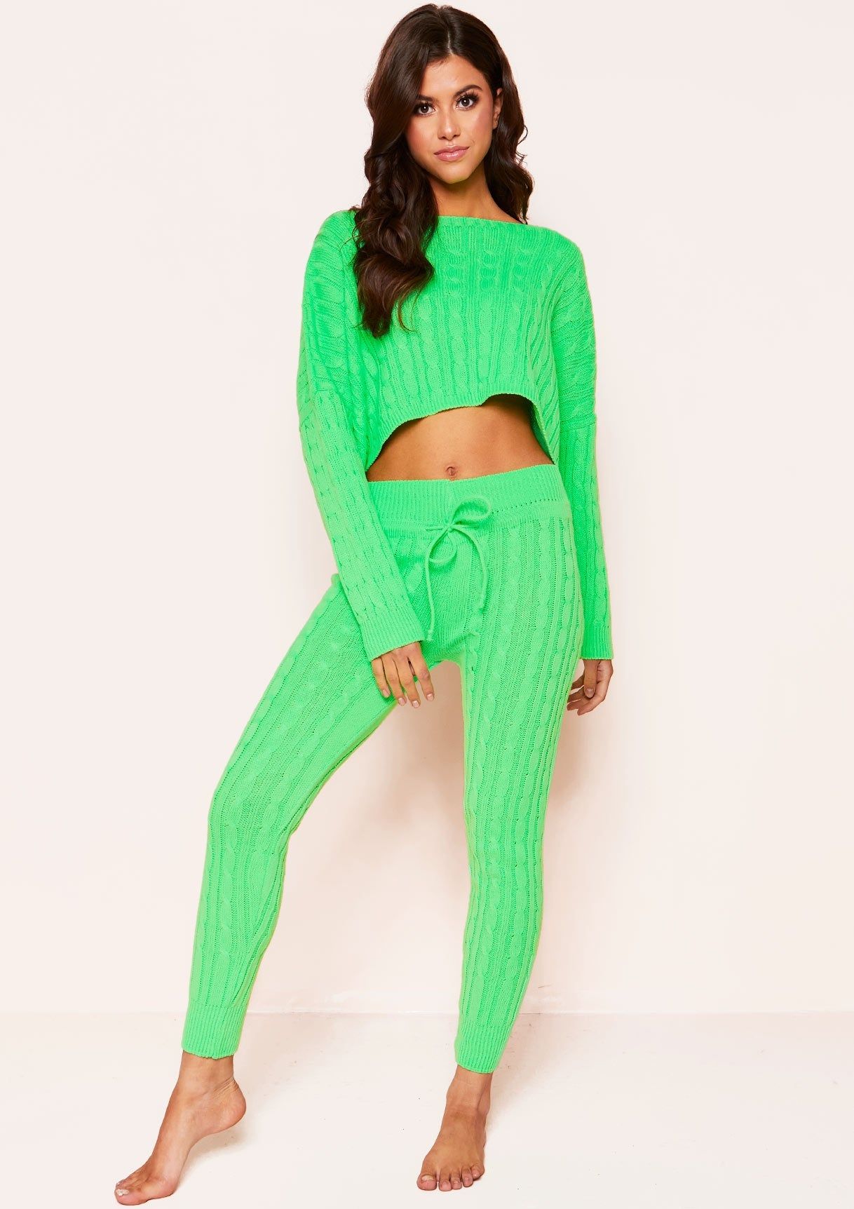 Janelle Neon Green Cable Knit Cropped Loungewear Set sold by Missy Empire