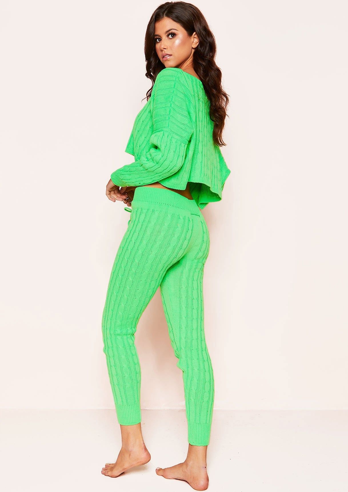 Janelle Neon Green Cable Knit Cropped Loungewear Set sold by Missy Empire product image thumbnail 3