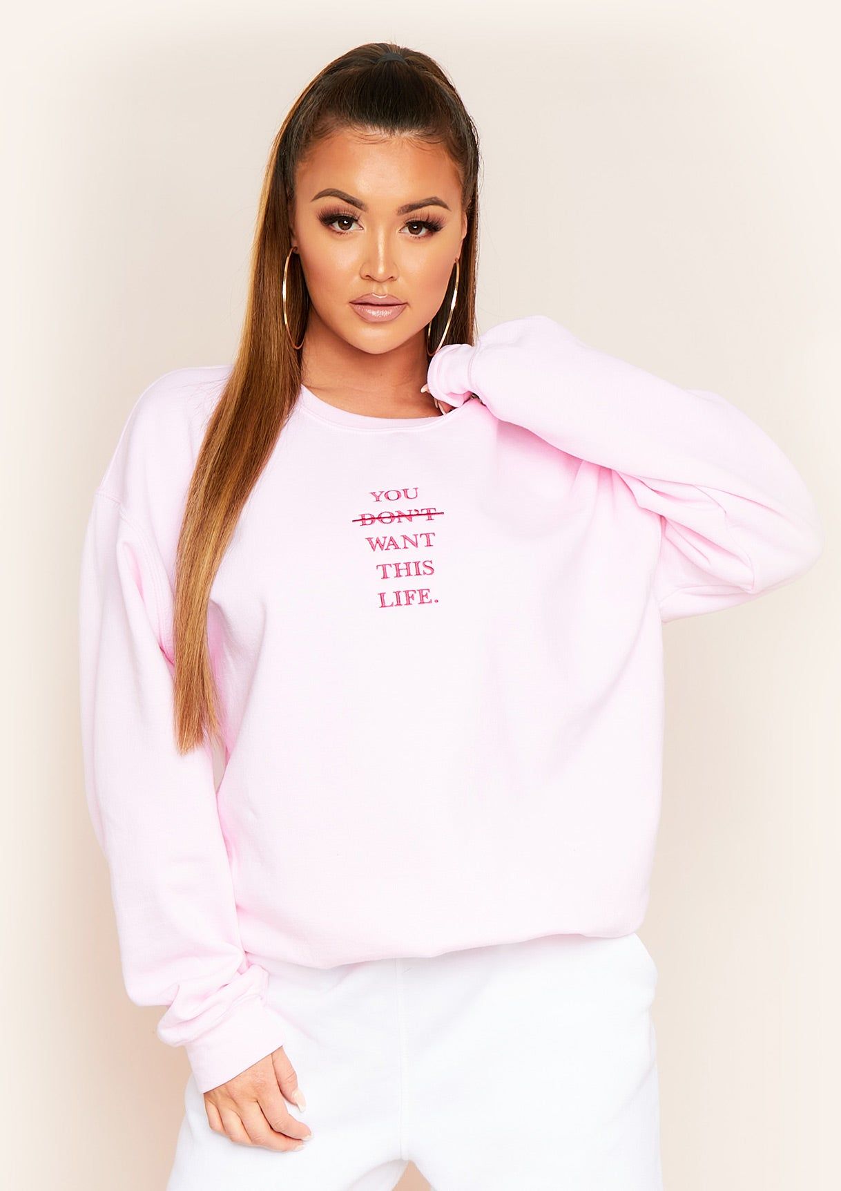 Tyra Pink You Dont Want This Life Slogan Oversized Sweatshirt sold by Missy Empire