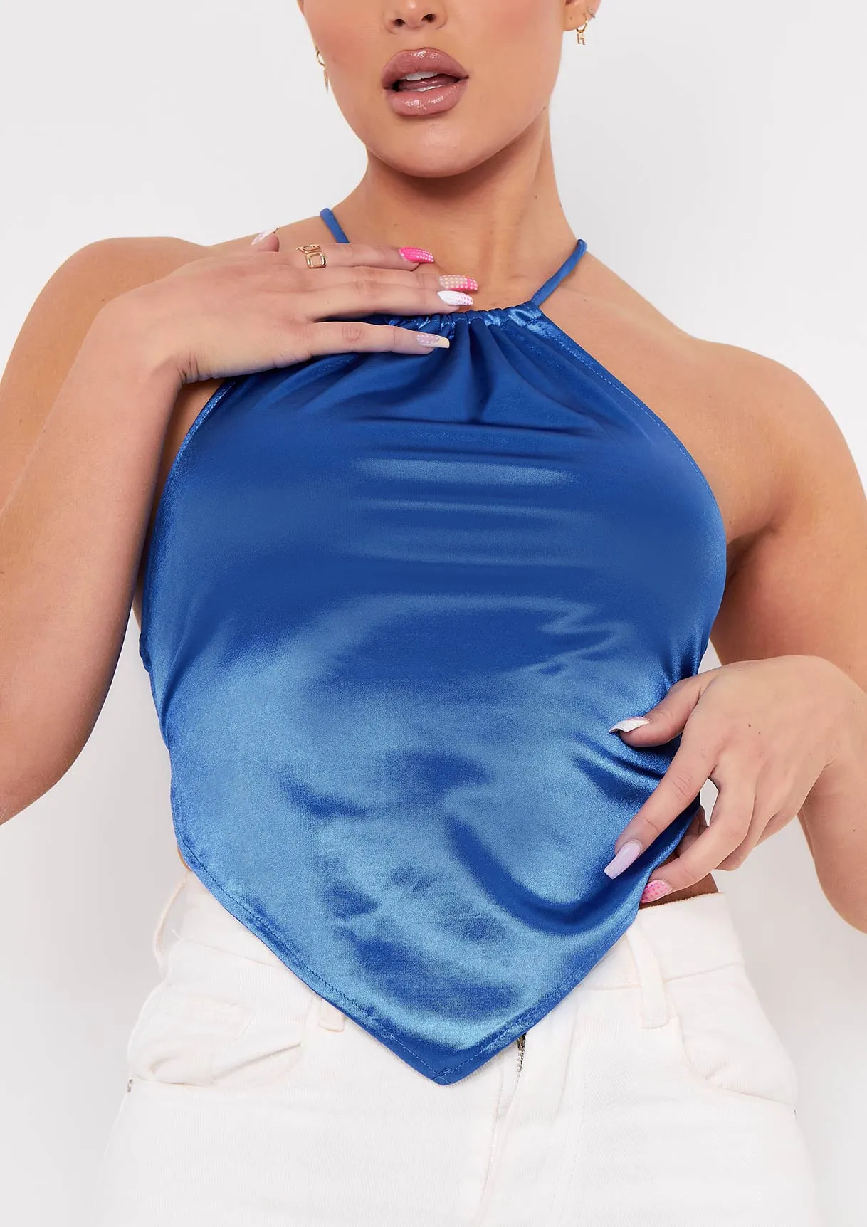 Maya Blue Satin Halterneck Pointed Crop Top sold by Missy Empire product image thumbnail 3
