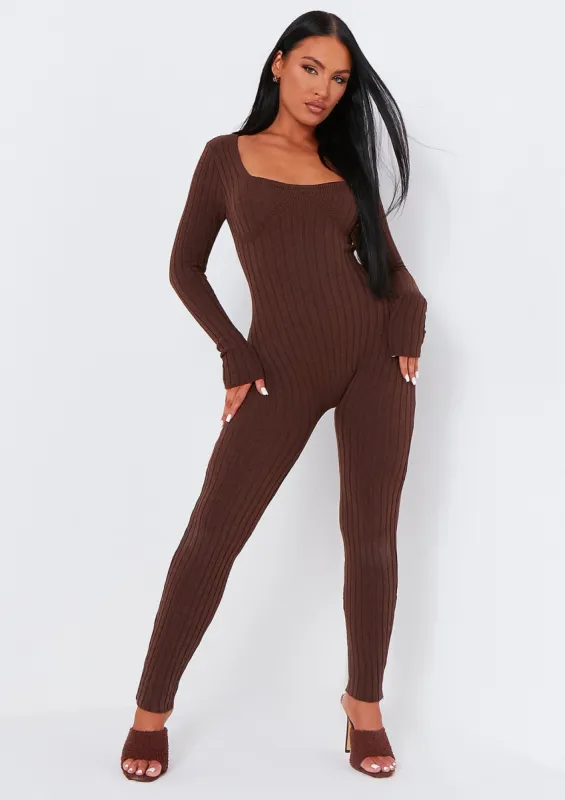 Evie Chocolate Knitted Long Sleeve Ribbed Jumpsuit sold by Missy Empire