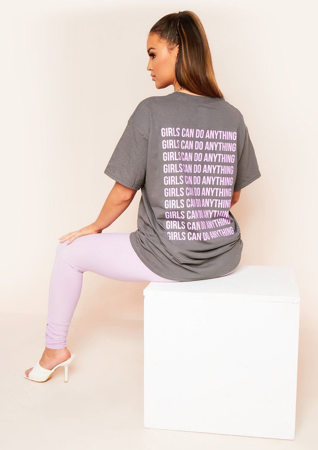 Elanor Charcoal Girls Can Do Anything Slogan Oversized T-Shirt sold by Missy Empire