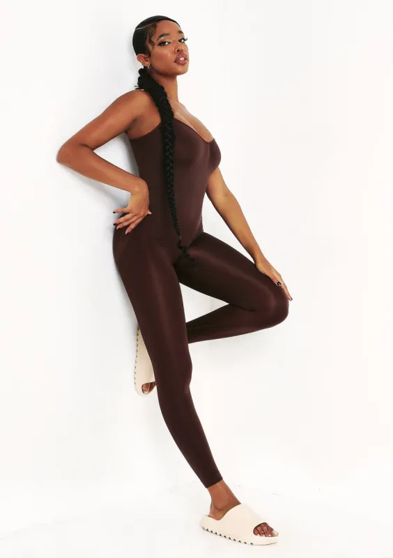 Adele Chocolate Seamless Strappy All In One Jumpsuit sold by Missy Empire