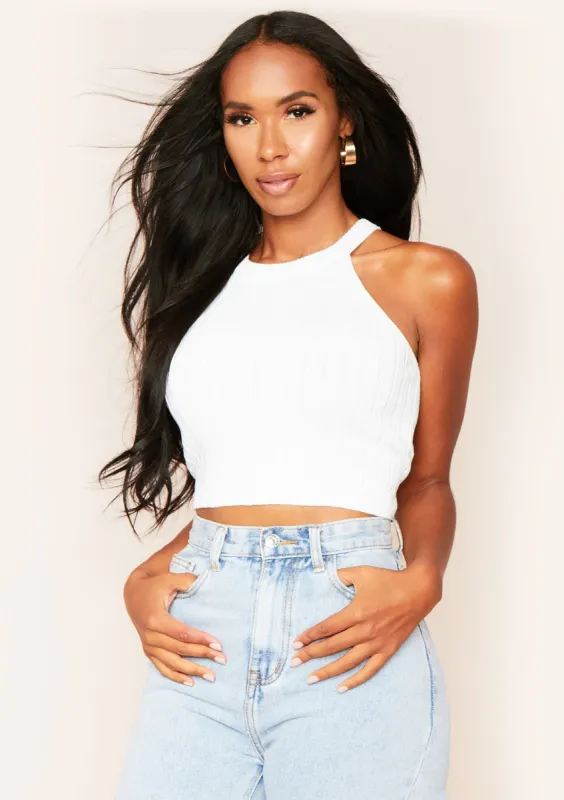 Kacey White Ribbed Knit Sleeveless Crop Top sold by Missy Empire