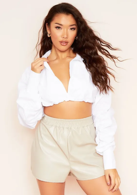 Aubrey White Ruched Sleeve Crop Shirt sold by Missy Empire