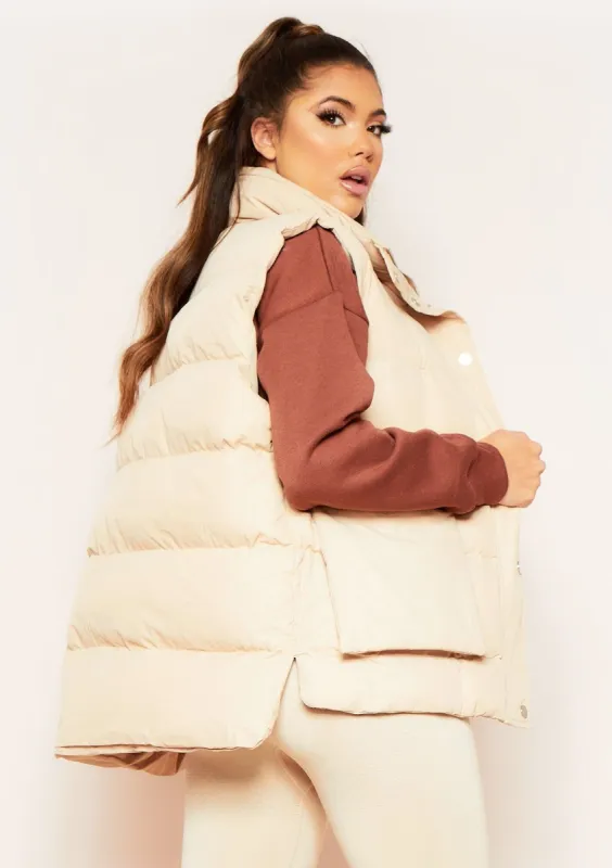 Brea Beige Puffer Sleeveless Gilet sold by Missy Empire