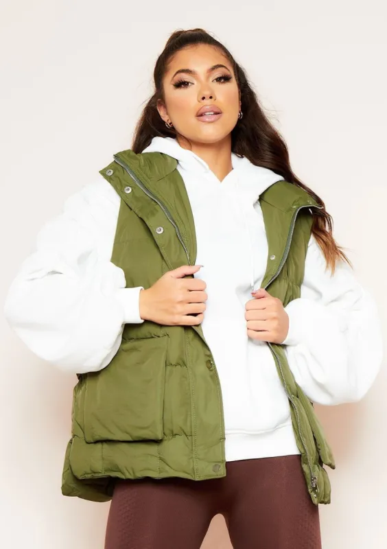 Brea Khaki Puffer Sleeveless Gilet sold by Missy Empire