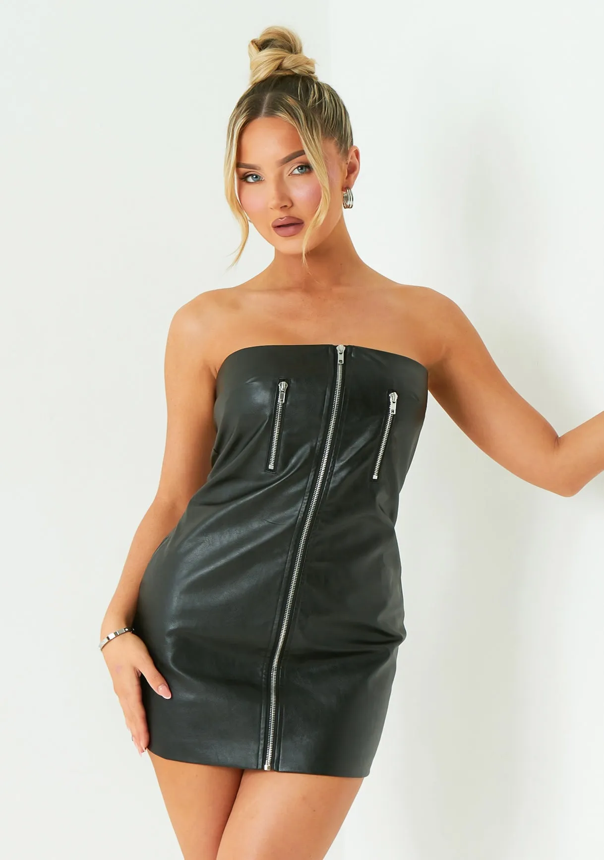 Grace Black Zip Front Faux Leather Mini Dress sold by Missy Empire product image thumbnail 4