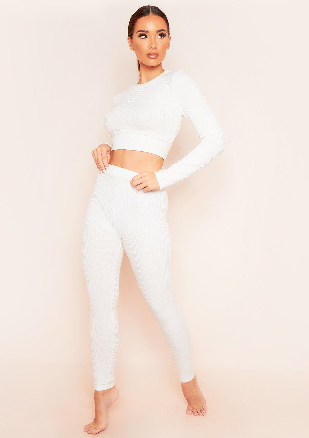 Sarah Cream Brushed Ribbed Legging sold by Missy Empire