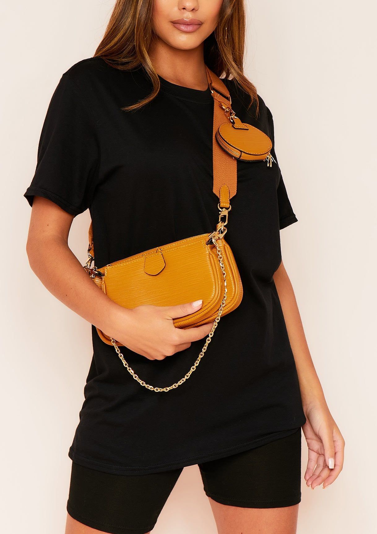 Chantel Camel Trio Chain Cross Body Bag sold by Missy Empire