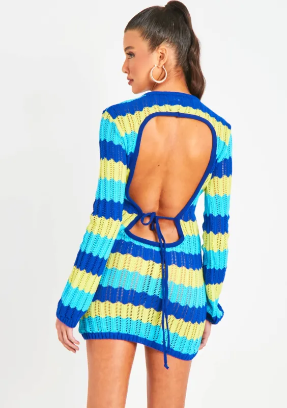 Harleigh Blue Multi Crochet Knit Backless Mini Dress sold by Missy Empire