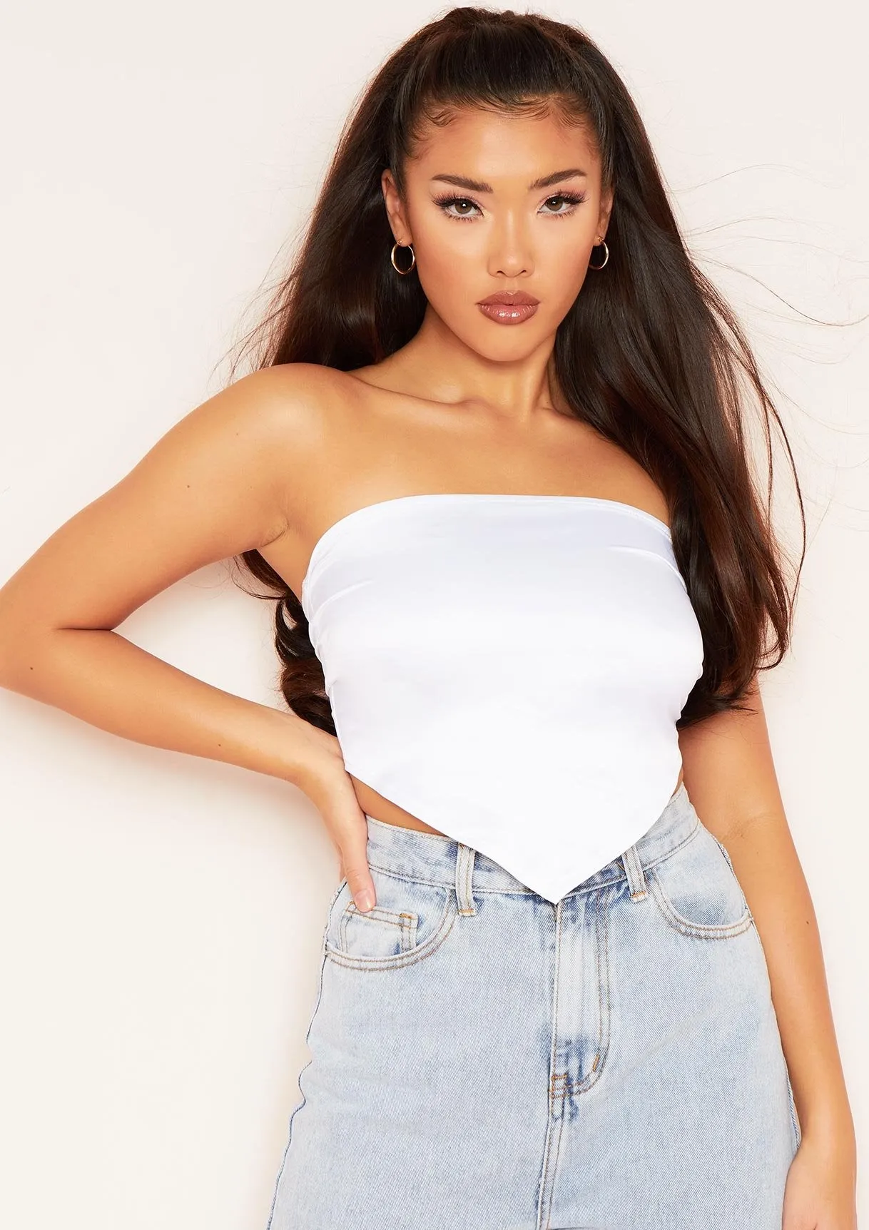 Layla White Satin Tie Back Bandana Crop Top sold by Missy Empire