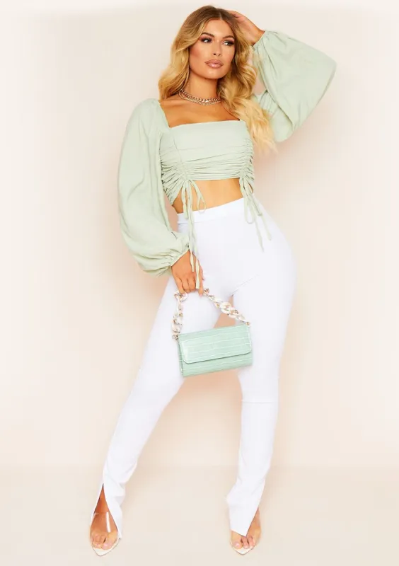 Izzy Sage Ruched Tie Long Puff Sleeve Crop Top sold by Missy Empire