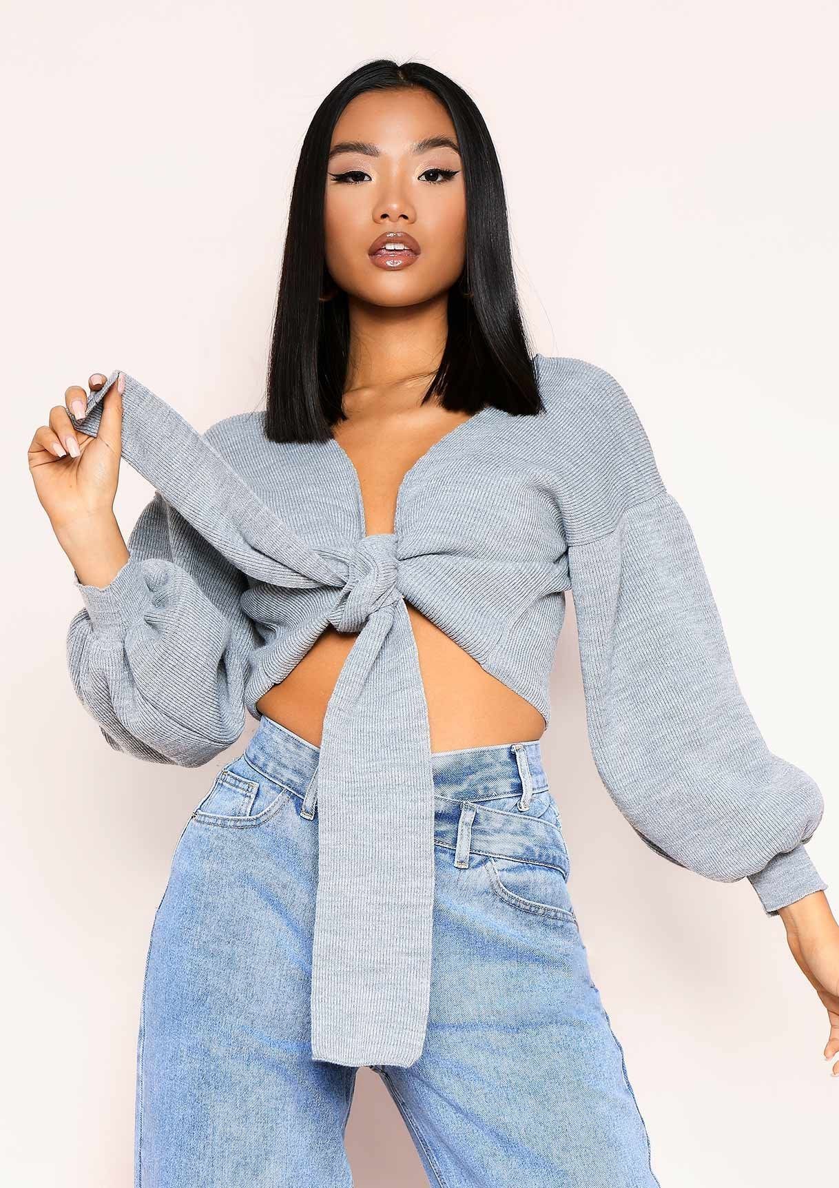 Shelly Grey Knitted Balloon Sleeve Tie Front Cardigan sold by Missy Empire