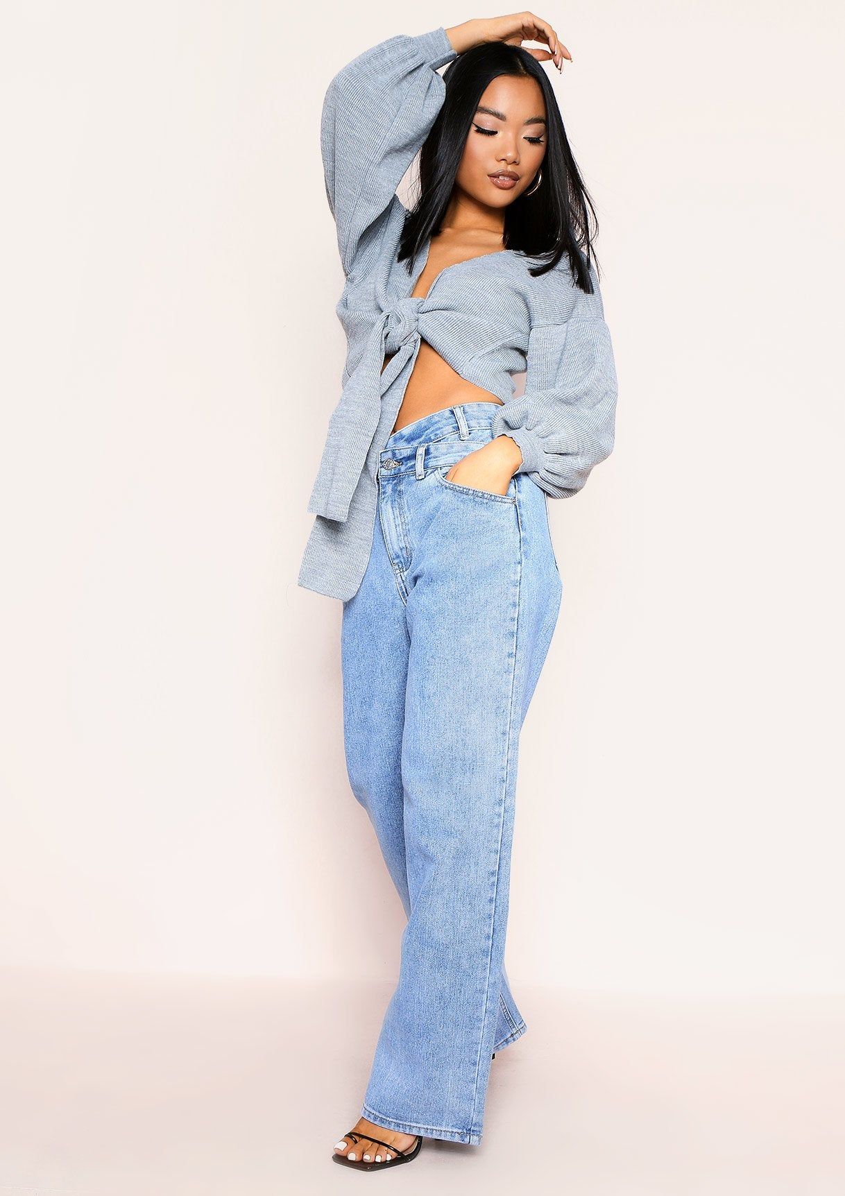 Shelly Grey Knitted Balloon Sleeve Tie Front Cardigan sold by Missy Empire product image thumbnail 2