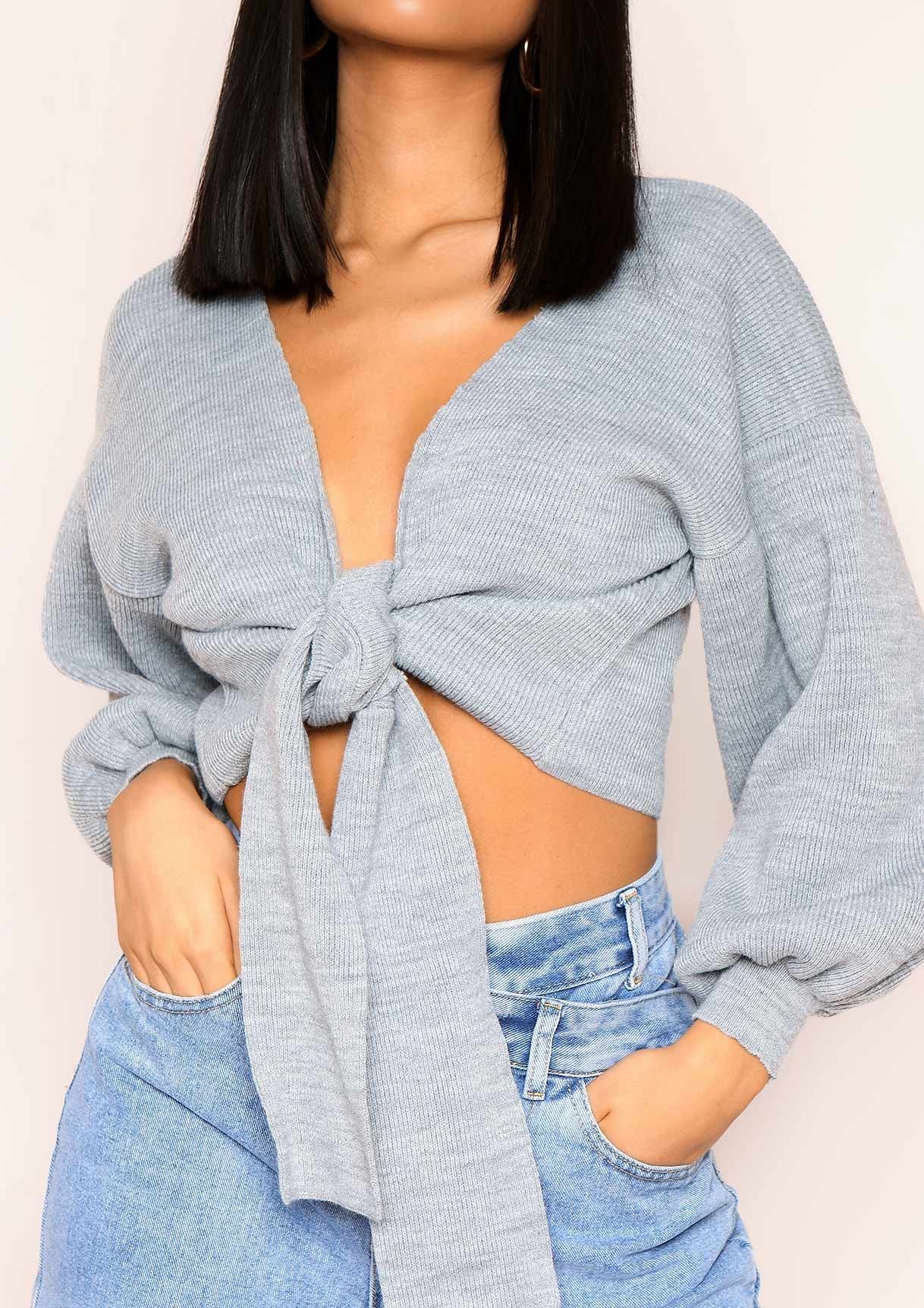 Shelly Grey Knitted Balloon Sleeve Tie Front Cardigan sold by Missy Empire product image thumbnail 3