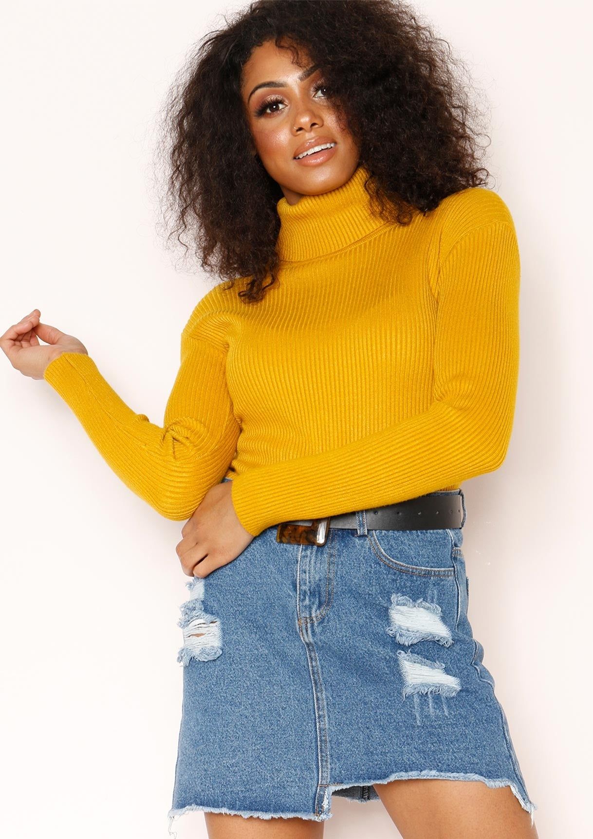 Tena Mustard Knit Ribbed Roll Neck Jumper sold by Missy Empire