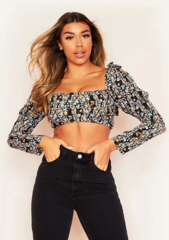 Selma Black Ditsy Floral Puff Sleeve Crop Top sold by Missy Empire