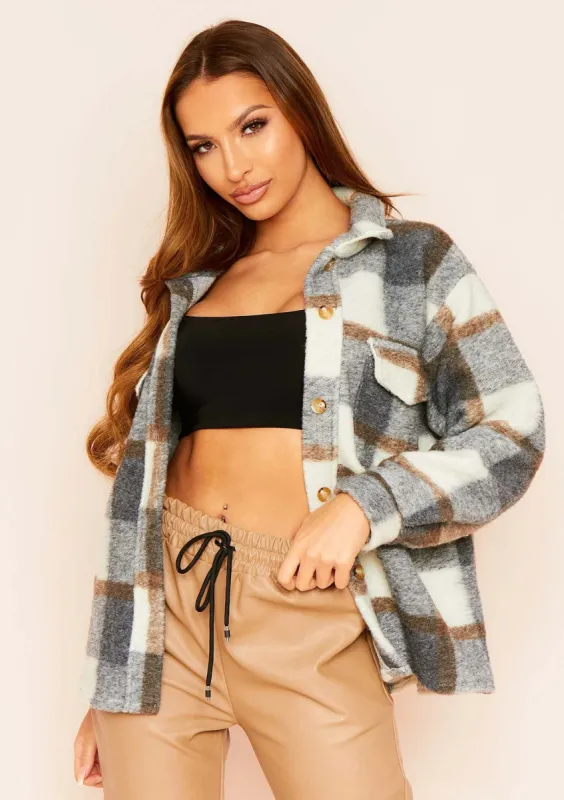 Yolanda Grey Check Wool Blend Oversized Shacket sold by Missy Empire