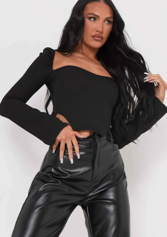 Jasmine Black Ribbed Long Sleeve Corset Top sold by Missy Empire