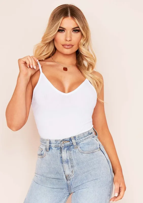 Lyla White Ribbed Strappy Plunge Bodysuit sold by Missy Empire