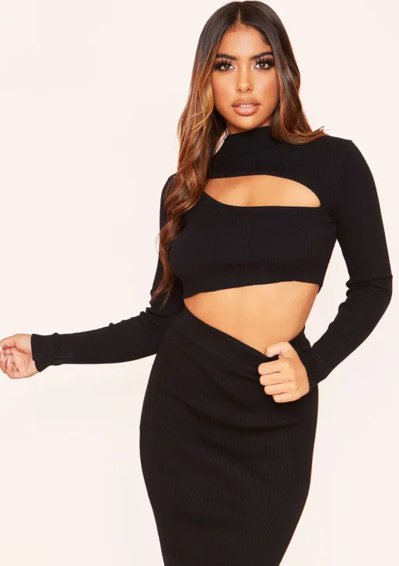 Lucy Black Knit High Neck Cut Out Crop Top sold by Missy Empire