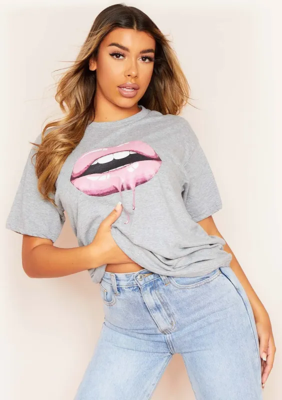 Paris Grey Lip Graphic T-Shirt sold by Missy Empire