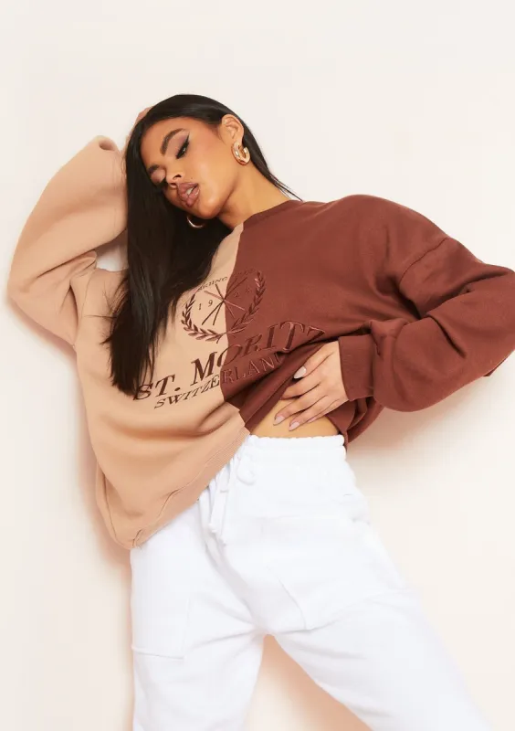 Zee Brown Spliced St Moritz Slogan Oversized Sweatshirt sold by Missy Empire
