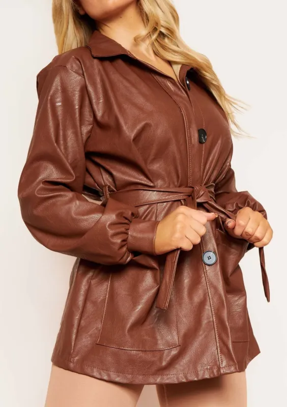 Cila Brown PU Belted Jacket sold by Missy Empire