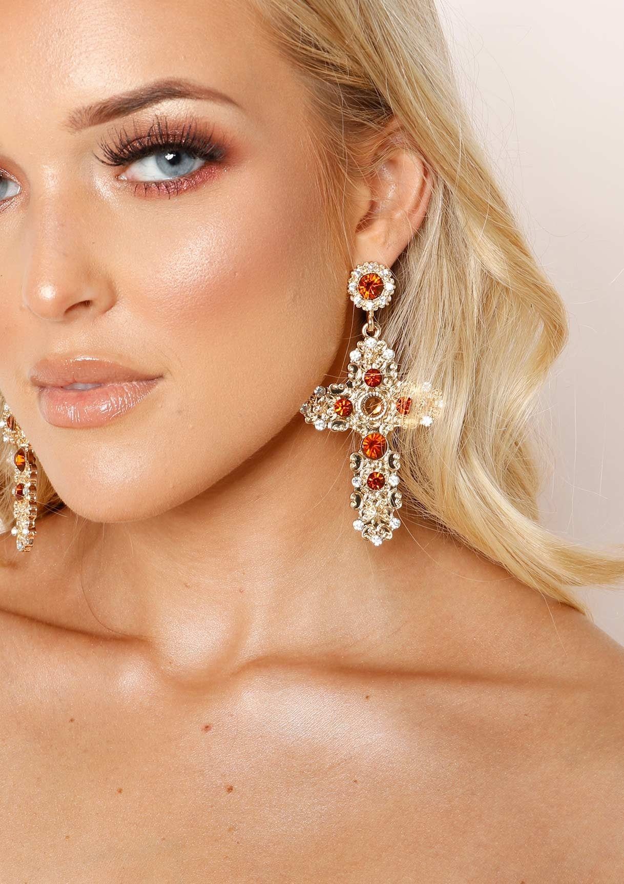 Winnie Gold Diamante Cross Earrings sold by Missy Empire product image thumbnail 3