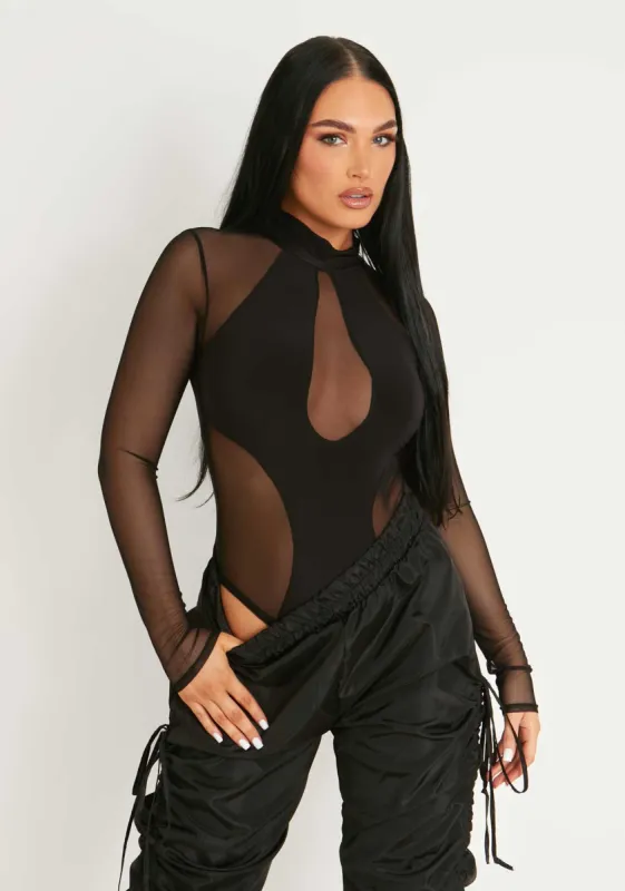 Tabitha Black Mesh Panel Bodysuit sold by Missy Empire