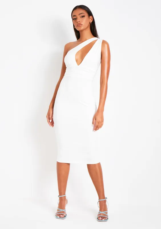 Kimia Cream One Shoulder Keyhole Midi Dress sold by Missy Empire