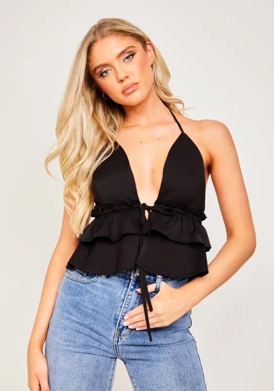 Leonie Black Tiered Tie Front Top sold by Missy Empire