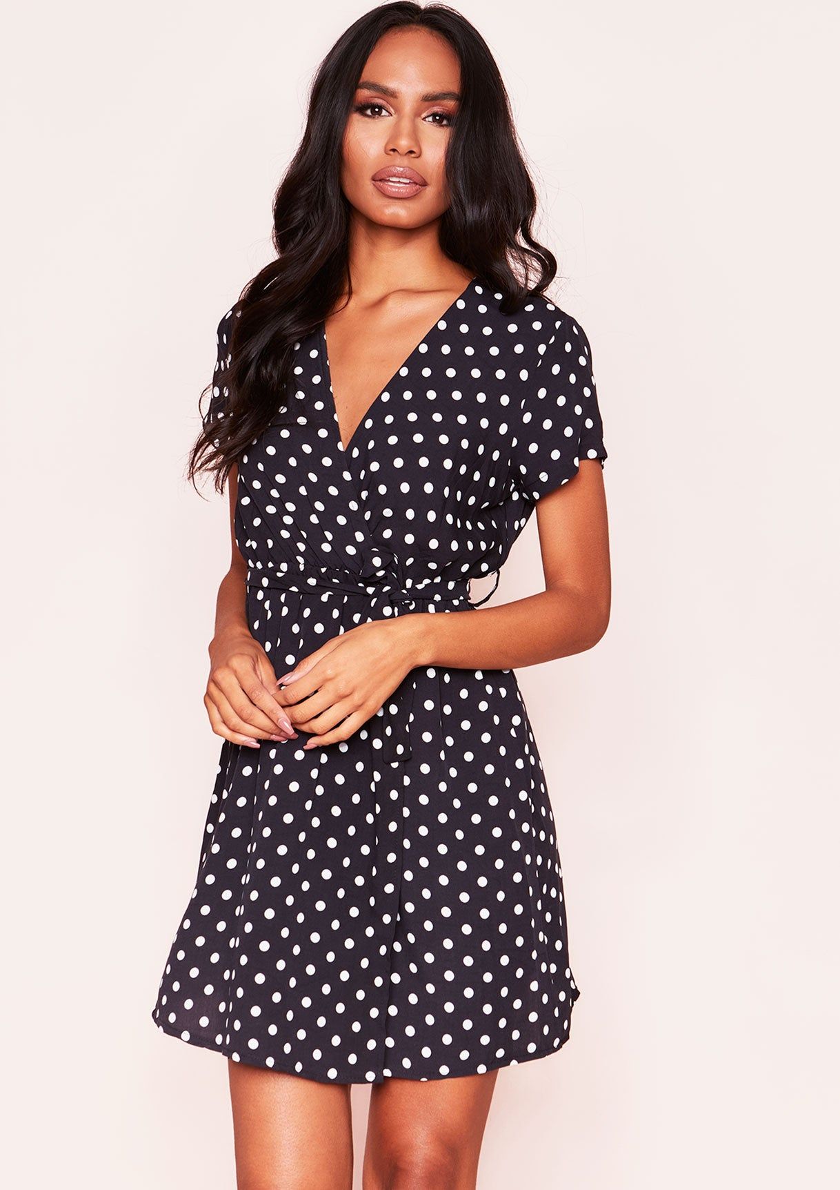 Zendaya Black Polkadot Wrap Mini Dress sold by Missy Empire