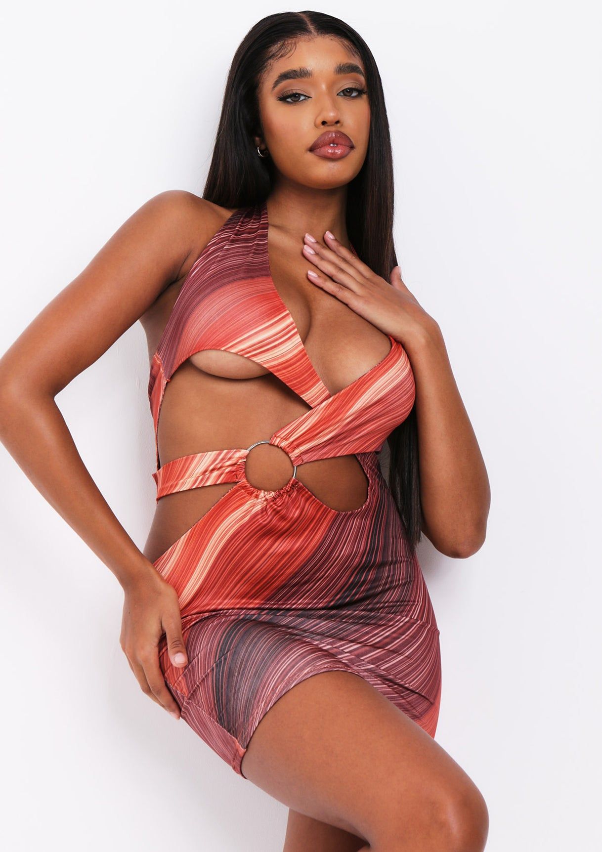 Ophelia Orange Print Halterneck Plunge Cut Out Mini Dress sold by Missy Empire product image thumbnail 2