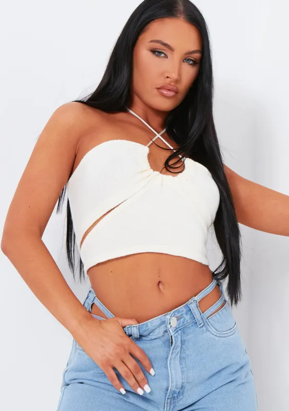 Yolanda Cream Knit Cross Over Crop Top sold by Missy Empire