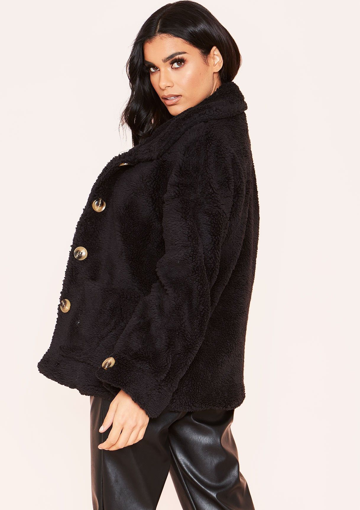 Ellis Black Teddy Borg Button Up Coat sold by Missy Empire product image thumbnail 2