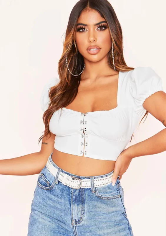 Jennice White Hook And Eye Detail Crop Top sold by Missy Empire