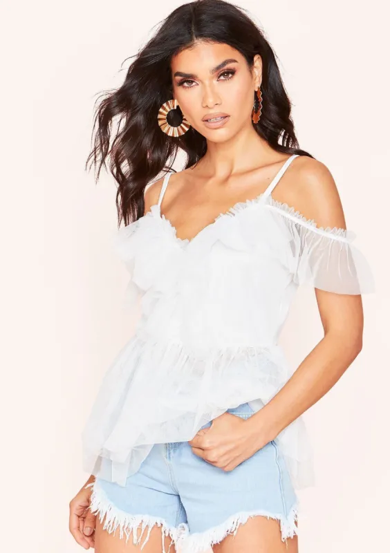 Lola White Mesh Layered Ruffle Top sold by Missy Empire