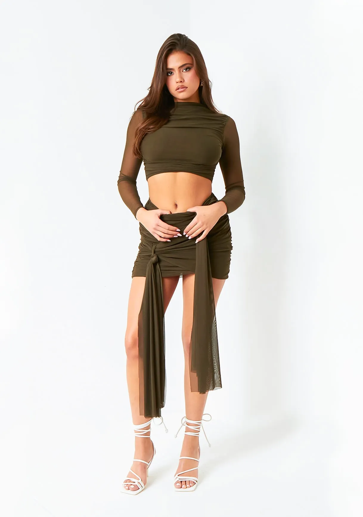 Mariah Dark Khaki Mesh Long Sleeve Crop Top sold by Missy Empire product image thumbnail 2