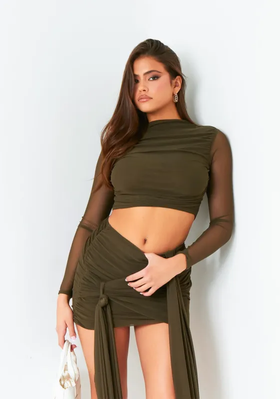 Mariah Dark Khaki Mesh Long Sleeve Crop Top sold by Missy Empire