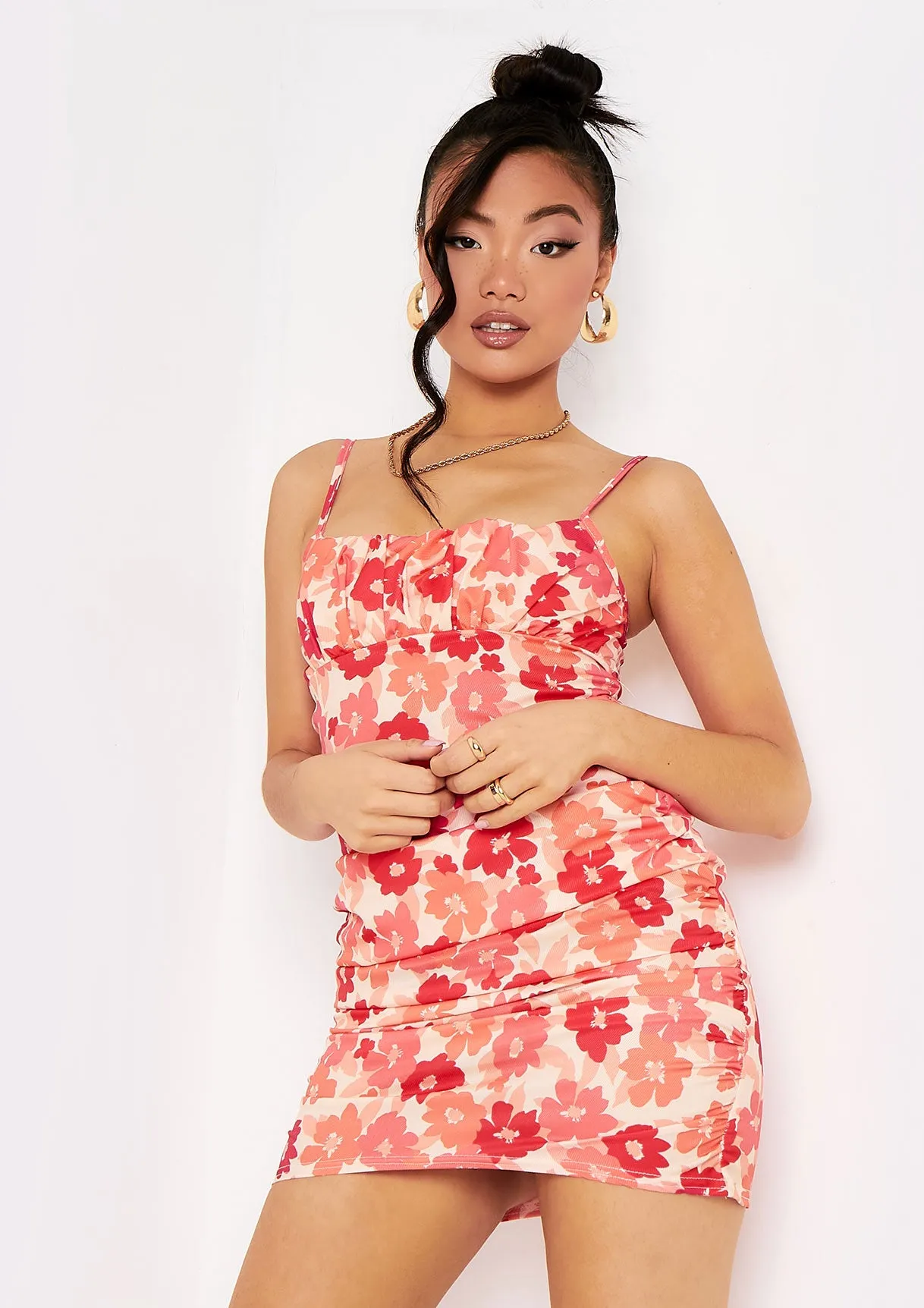 Kaiya Coral Floral Ruched Front Strappy Mini Dress sold by Missy Empire product image thumbnail 2