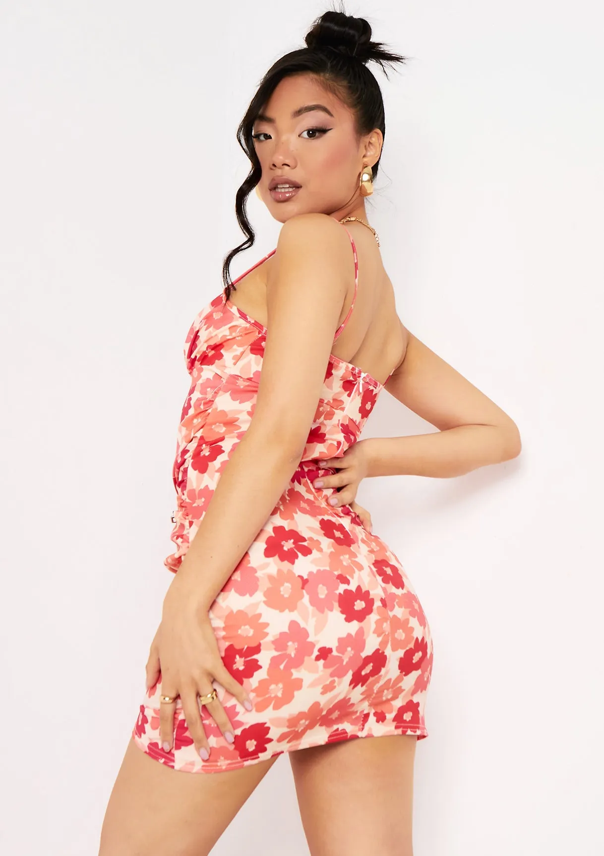 Kaiya Coral Floral Ruched Front Strappy Mini Dress sold by Missy Empire product image thumbnail 3