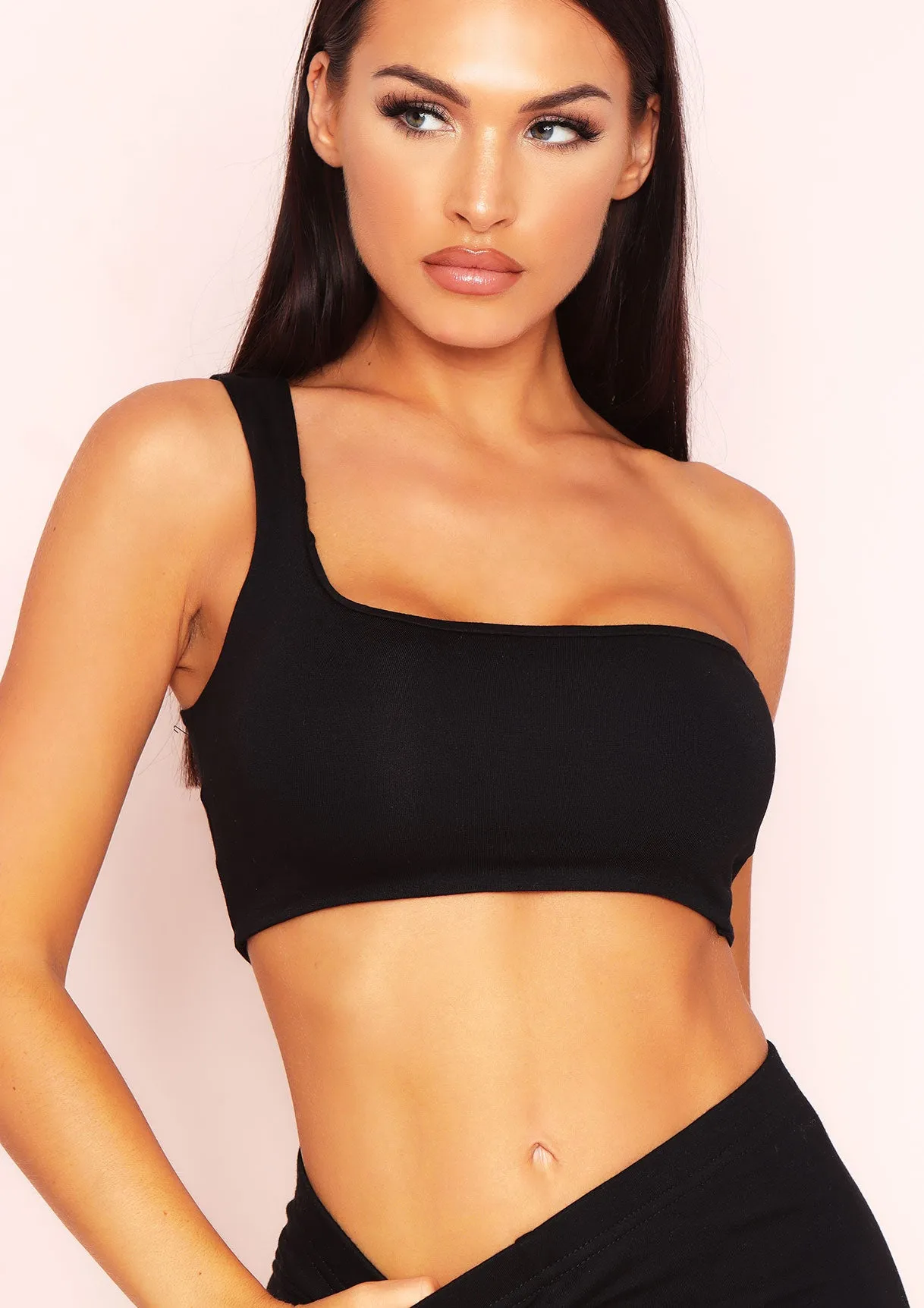 Hannah Black Double Thick One Shoulder Crop Top sold by Missy Empire product image thumbnail 2