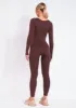 Eli Chocolate Plunge Ribbed Seamless Long Sleeve Jumpsuit sold by Missy Empire