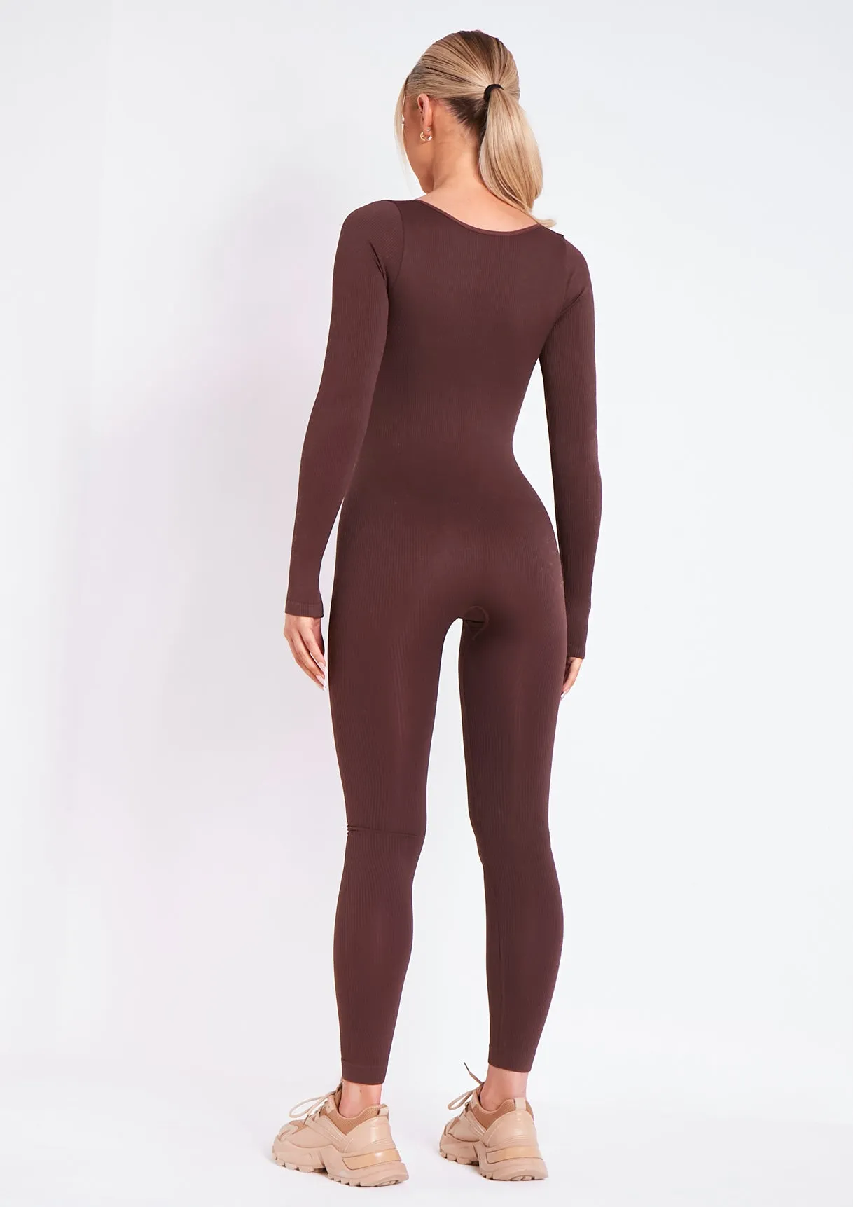 Eli Chocolate Plunge Ribbed Seamless Long Sleeve Jumpsuit sold by Missy Empire product image thumbnail 4